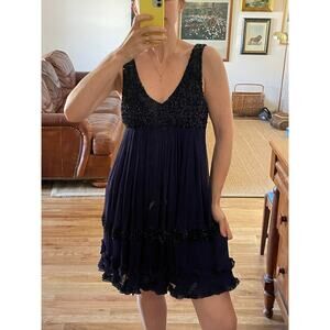 Y2K Silk Beaded Babydoll Dress Ruffle Hem Size Small